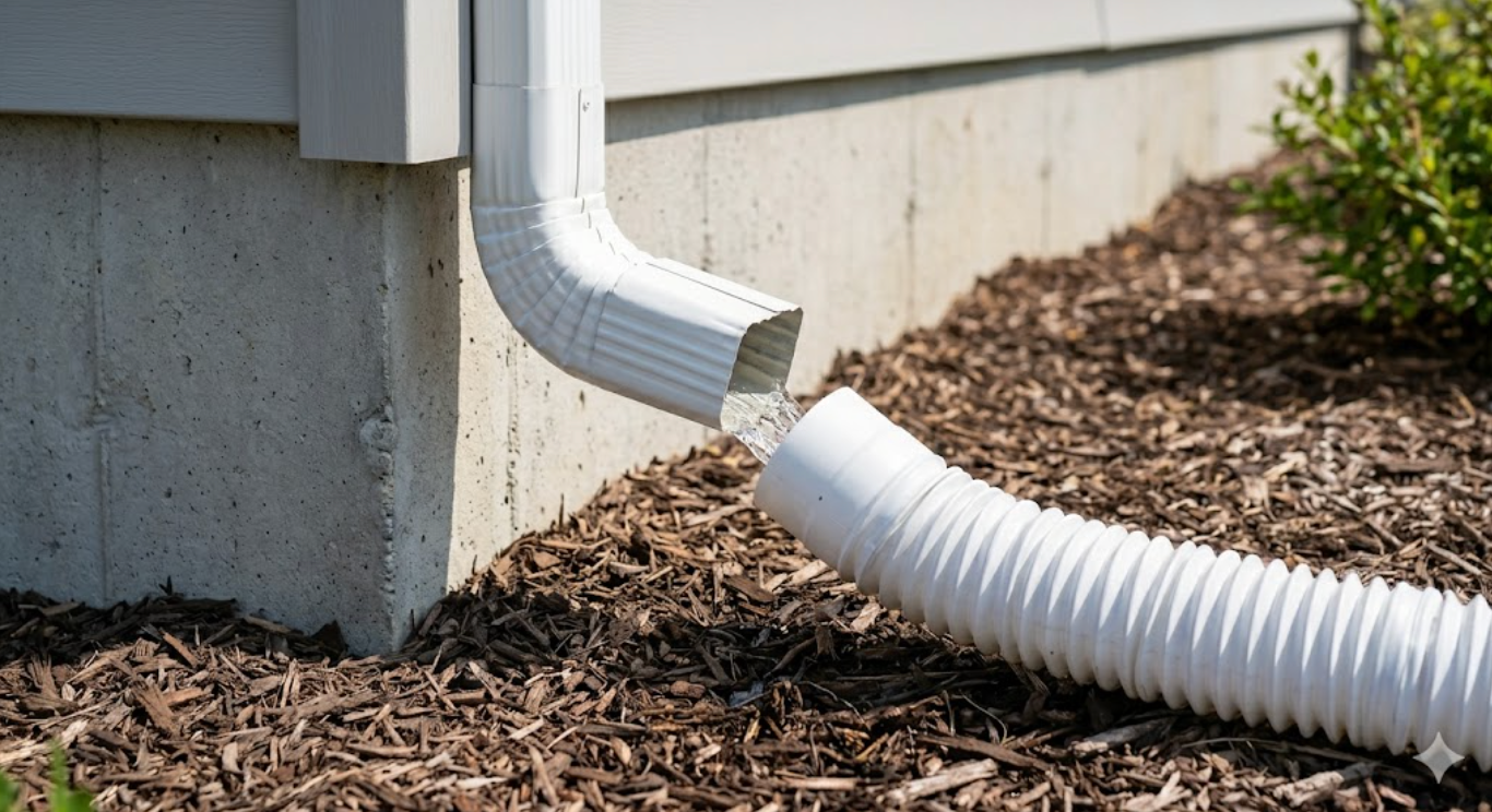 A white gutter downspout extension discharging rainwater away from a gray concrete home foundation into a garden mulch bed to prevent erosion.
