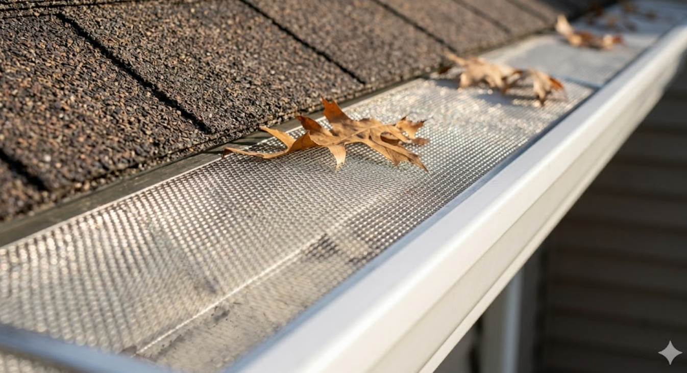 Stainless steel micro-mesh gutter guards installed over an aluminum gutter with autumn oak leaves resting on top while the water channel beneath remains clear.