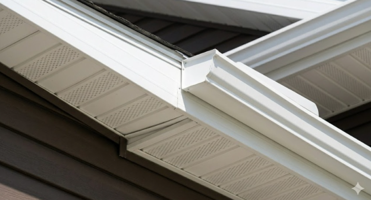 Clean architectural view of a white seamless gutter track securely fastened to a white fascia board and vented soffit on a home with dark brown siding.