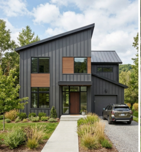 Modern residential exterior featuring dark charcoal vertical metal siding and warm wood siding accents.