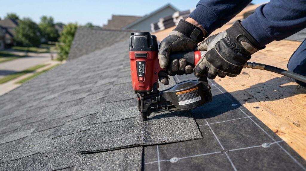 Roofing contractor using a nail gun to install dark gray architectural shingles during a roof replacement.